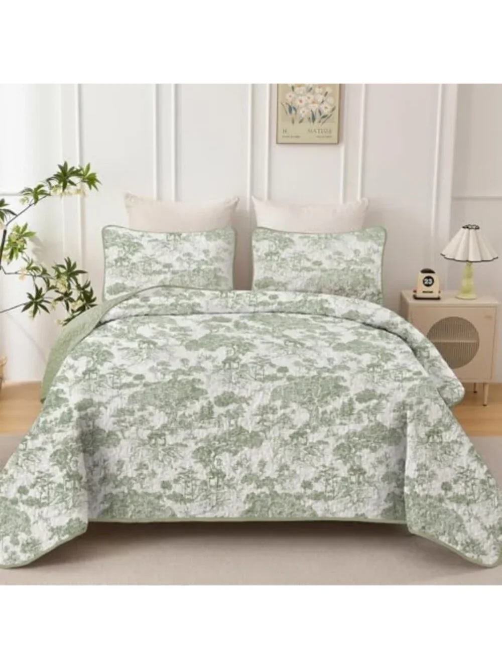 Botanical Twin XL Quilt Set - Sage Green Dorm Bedding, Cozy Floral Design